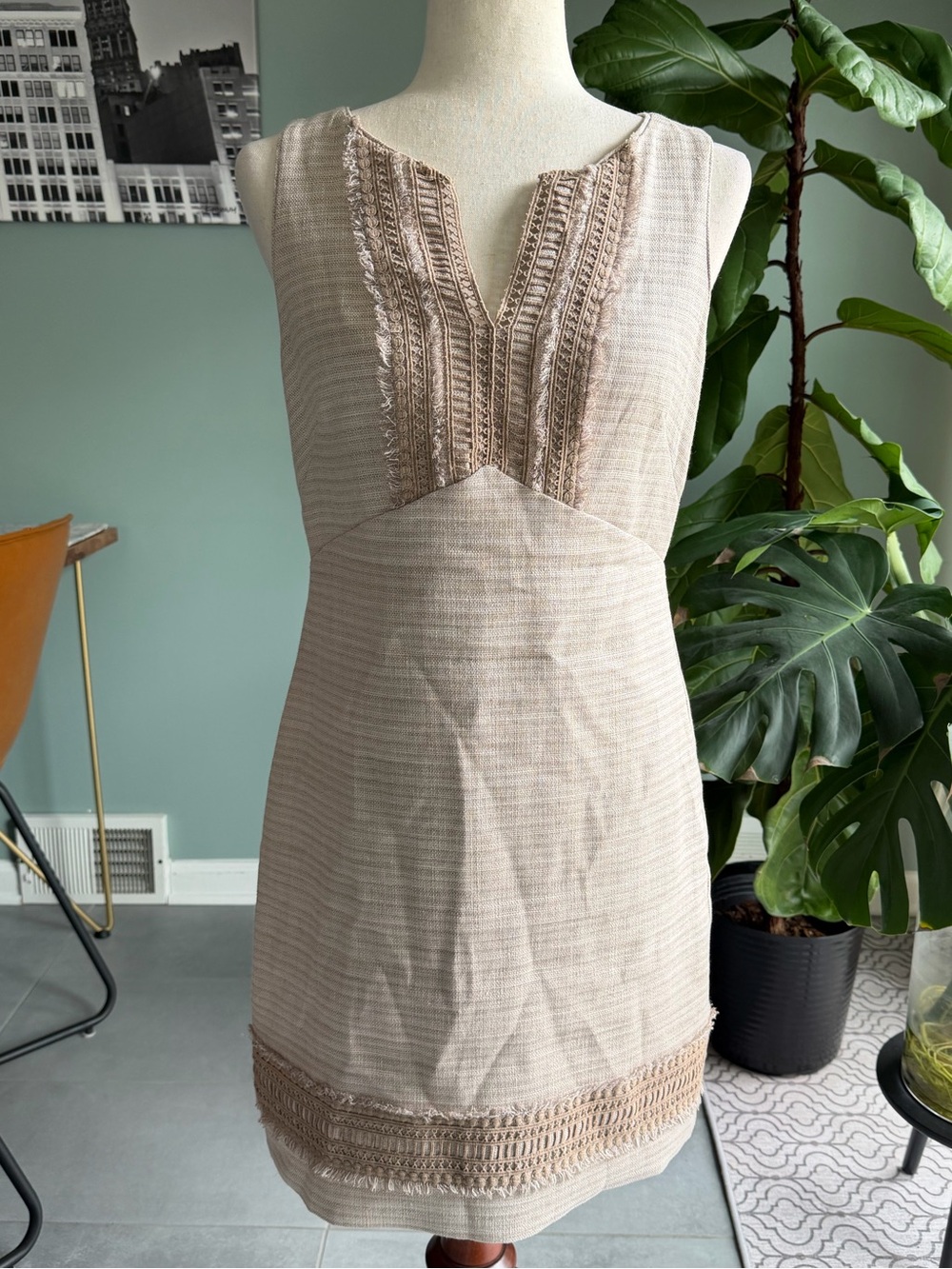 WHBM Neutral Linen Blend Tan Sheath Dress with fringe crochet lace details 4 - Picture 4 of 15